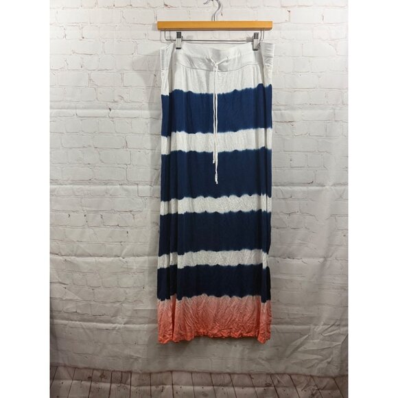 a.n.a Maxi Skirt Womens Large White Blue Striped Stretch Side Slit Drawstring - Picture 1 of 4